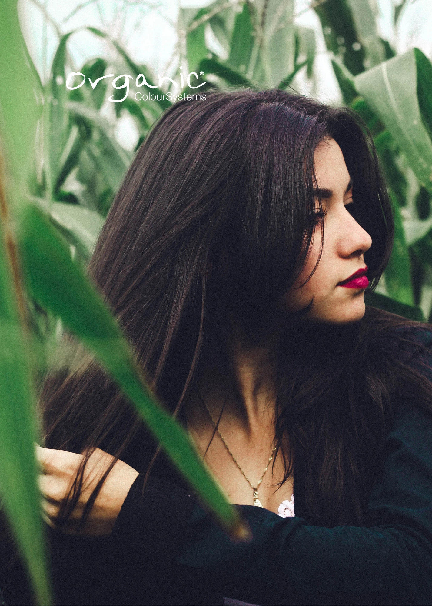 Model with long dark hair for Organic Colour Systems