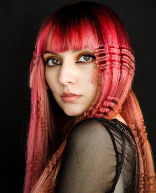 model with long hair dyed red, 2 of 3